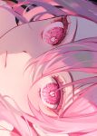  1girl 58_(opal_00_58) absurdres bangs black_background blush closed_mouth english_commentary eyelashes hair_between_eyes heart heart-shaped_pupils highres long_hair looking_at_viewer original pink_eyes pink_hair short_hair simple_background solo symbol-shaped_pupils upper_body 