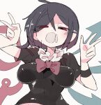 1girl ahoge asymmetrical_wings black_hair blue_wings bow bowtie breasts houjuu_nue large_breasts looking_at_viewer massakasama open_mouth pointy_ears red_bow red_bowtie red_eyes red_wings short_hair short_sleeves simple_background solo touhou upper_body w white_background wings 