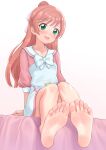  1girl :d bangs barefoot bow bowtie brown_hair collarbone dress feet foot_focus gradient_background green_eyes hair_bun highres hinosaki hirogaru_sky!_precure long_hair looking_at_viewer nijigaoka_mashiro open_mouth pink_shirt precure sailor_collar shirt sitting smile soles solo toes white_background white_bow white_bowtie white_dress 