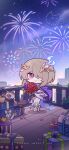  1girl absurdres aerial_fireworks bangs bouquet box cat chibi english_text fireworks flower gift gift_box highres holding holding_bouquet honkai_(series) honkai_impact_3rd looking_at_viewer official_art official_wallpaper one_eye_covered purple_flower red_flower rita_rossweisse rita_rossweisse_(spina_astera) smile standing yellow_headwear 