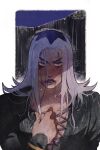  1boy blood blood_on_face commentary_request cross-laced_clothes grey_hair jojo_no_kimyou_na_bouken korean_commentary leone_abbacchio long_hair male_focus mm_jjba orange_eyes parted_lips portrait purple_lips rain signature solo twitter_username vento_aureo wet 