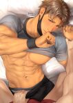  2boys abs bara bare_pectorals bed black_shorts blue_eyes blush brown_hair clothes_lift dan_(mondi_hl) grey_shirt highres large_pectorals lying male_focus male_underwear male_underwear_peek mask mask_pull mondi_hl mouth_mask multiple_boys muscular muscular_male navel nipples on_back on_bed original pectorals pillow shirt shirt_lift short_hair shorts solo_focus underwear undressing_another yaoi 