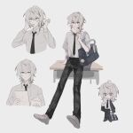  1boy bag black_necktie chibi closed_mouth collar_x_malice full_body grey_hair highres looking_at_viewer male_focus multicolored_hair necktie okazaki_kei pants plaid plaid_pants purple_eyes school_bag school_uniform shirt short_sleeves solo w047 white_hair white_shirt 