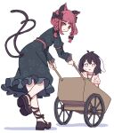  2girls :3 absurdres animal_ears black_bow black_dress black_footwear black_hair blush_stickers bow braid carrot_necklace cat_ears cat_tail closed_mouth dress frilled_dress frills hair_bow highres inaba_tewi jewelry kaenbyou_rin kame_(kamepan44231) long_hair long_sleeves multiple_girls multiple_tails necklace one-hour_drawing_challenge pink_dress rabbit_ears red_eyes red_hair shoes short_hair short_sleeves simple_background smile tail touhou twin_braids two_tails wheelbarrow white_background 