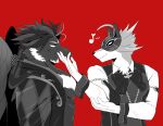  2023 alchiba anthro avian beak canid canine chuurow clothing dress_shirt duo fox fur hi_res lifewonders live_a_hero male mammal mask monochrome shirt suit topwear vest vulpecula 