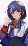  1girl absurdres black_hair black_skirt blue_jacket blue_neckerchief blue_sailor_collar buttons clenched_hand commentary gradient_jacket grey_eyes hair_ornament hand_up highres jacket long_hair long_sleeves looking_at_viewer neckerchief nijisanji open_clothes open_jacket parted_lips ponto_nei red_jacket sailor_collar senzaicha_kasukadoki shirt simple_background skirt smile solo upper_body white_background white_shirt 
