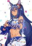  1girl absurdres animal_ears arm_ribbon bare_shoulders blue_hair blue_ribbon breasts brown_eyes commentary confetti crop_top dark_skin fang fang_out groin hair_between_eyes highres hishi_amazon_(umamusume) horse_ears kento_(kentdrawing) large_breasts long_hair looking_at_viewer midriff navel ribbon simple_background skirt smile solo stomach umamusume upper_body very_long_hair white_background white_skirt 