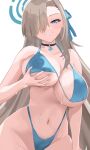  1girl alternate_costume asuna_(blue_archive) bangs bare_shoulders bikini blue_archive blue_bikini blue_eyes blush breast_hold breasts chikoku choker cleavage collarbone grin hair_over_one_eye hair_ribbon halo highleg highleg_bikini highres large_breasts light_brown_hair long_hair looking_at_viewer mole mole_on_breast navel ribbon smile solo swimsuit very_long_hair 