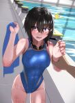  1girl 1other ^^^ abs black_hair blue_eyes blue_one-piece_swimsuit breasts competition_swimsuit cowboy_shot goggles goggles_around_neck highleg highleg_swimsuit highres m0nsoo00n medium_breasts one-piece_swimsuit original pool poolside short_hair swimsuit towel wet wet_clothes wet_swimsuit 