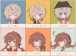  1boy 1girl blush brown_hair chibi closed_eyes closed_mouth collar_x_malice emoticon expressionless facing_viewer green_eyes grey_hair highres hoshino_ichika_(collar_x_malice) long_hair looking_at_viewer okazaki_kei one_eye_closed open_mouth purple_eyes short_hair w047 white_hair 