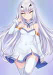  1girl bangs bare_shoulders blush breasts detached_collar detached_sleeves dress fairy_knight_lancelot_(fate) fate/grand_order fate_(series) forked_eyebrows highres long_hair looking_at_viewer mrnn sidelocks small_breasts smile solo thighhighs thighs white_dress white_hair white_thighhighs yellow_eyes 