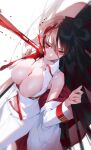  1girl bangs belt blood blood_on_face breasts breasts_out closed_mouth detached_sleeves hair_between_eyes highres ichibi large_breasts long_hair looking_at_viewer lying navel on_back original pants red_eyes sleeveless swept_bangs very_long_hair 