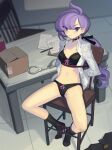  1girl anabel_(pokemon) arms_behind_back black_bra black_choker black_panties black_socks blush box bra breasts cad_(caddo) cardboard_box chair choker commentary_request cuffs handcuffs highres long_hair looking_at_viewer low-tied_long_hair medium_breasts navel open_clothes open_shirt panties parted_lips pokemon purple_eyes purple_hair shirt sitting socks solo stomach thigh_strap thighs underwear very_long_hair white_shirt 