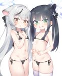  2girls animal_ear_fluff animal_ears bare_arms bare_shoulders bikini black_bikini black_bow black_hair blue_archive bow breasts brown_eyes collarbone commentary_request green_eyes grey_hair groin hair_bow halo highres kokona_(blue_archive) kokone_(coconeeeco) long_hair multiple_girls navel shun_(blue_archive) shun_(small)_(blue_archive) siblings side-tie_bikini_bottom simple_background sisters skindentation small_breasts swimsuit thighhighs twintails very_long_hair white_background white_thighhighs 