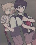  2boys basil_(omori) black_eyes black_hair blonde_hair blue_eyes bouquet brown_shorts closed_mouth collared_shirt expressionless flower hair_flower hair_ornament highres holding holding_bouquet holding_jump_rope jump_rope mari_(omori) moti_(m0cch1m0) multiple_boys omori scribble shirt short_hair short_sleeves shorts spoilers sunny_(omori) white_shirt 