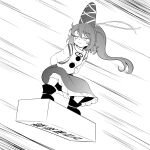 1girl :3 arms_behind_back blush_stickers bmkro boots commentary_request dragon_ball dragon_ball_(classic) full_body greyscale hat highres japanese_clothes kariginu long_hair monochrome mononobe_no_futo parody ponytail sky_surfing smile solo spanish_commentary speed_lines squatting tate_eboshi touhou translation_request 