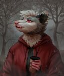  anthro artist_name beverage black_clothing black_ears black_topwear cheek_tuft clothed clothing eyelashes facial_piercing facial_tuft female front_view fur glistening glistening_eyes grey_body grey_fur hair hi_res holding_beverage holding_object jacket licking licking_lips licking_own_lips marie_merkh mouth_closed neck_tuft nose_piercing nose_ring piercing pink_nose red_clothing red_eyes red_jacket red_tongue red_topwear ring_piercing septum_piercing septum_ring short_hair signature solo tongue tongue_out topwear tuft whiskers white_body white_ears white_fur white_hair 