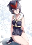  1girl artist_logo asymmetrical_hair black_hair black_one-piece_swimsuit breast_cutout brown_eyes brown_neckerchief covered_navel framed_breasts gloves hair_between_eyes headgear headphones i-13_(kancolle) kantai_collection kimura_shiki looking_at_viewer neckerchief one-hour_drawing_challenge one-piece_swimsuit open_mouth partially_fingerless_gloves sailor_collar school_swimsuit shirt short_hair single_glove sitting smile solo swimsuit swimsuit_under_clothes tsurime white_background 