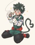  1boy all_might animal_ears animal_hands belt blush bodysuit boku_no_hero_academia cat_boy cat_ears cat_tail cat_teaser commentary english_commentary freckles full_body gloves green_bodysuit green_eyes green_hair kemonomimi_mode kumbutte male_focus midoriya_izuku open_mouth paw_gloves red_belt short_hair simple_background sitting solo sparkle tail twitter_username white_background white_gloves 