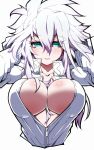  1girl breasts cleavage commentary_request expressionless eyelashes hair_between_breasts hair_between_eyes hands_in_hair highres jin_(mugenjin) large_breasts long_hair looking_at_viewer messy_hair original partially_unzipped solo upper_body white_background white_eyes white_hair 