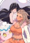  2girls absurdres black_hair breasts brown_hair cleavage coat crop_top fang fangs green_eyes hair_over_one_eye hair_slicked_back highres large_breasts light_blush lusamine_(pokemon) lusamine_fused_(pokemon) multiple_girls nihilego norza on_head open_labcoat pokemon pokemon_(creature) pokemon_(game) pokemon_on_head pokemon_sm pokemon_sv sada_(pokemon) scream_tail tentacles underboob white_coat yellow_eyes 
