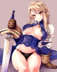  1girl agrias_oaks armor black_panties blonde_hair breasts brown_gloves closed_mouth final_fantasy final_fantasy_tactics gloves highres holding holding_weapon large_breasts looking_at_viewer nksk panties shoulder_armor sitting solo sword underwear weapon yellow_eyes 
