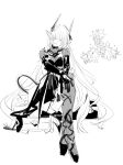  absurdres arknights chained_sarkaz_girl chuzenji covered_eyes greyscale highres horns monochrome pointy_ears sarkaz_grudgebearer_(arknights) sarkaz_sentinel_(arknights) thighhighs treasure white_background white_theme 