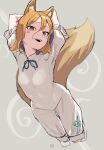  1girl animal_ears arms_behind_head blast-7 blonde_hair breasts brown_eyes cropped_legs fox_ears fox_girl fox_tail green_ribbon highres kudamaki_tsukasa one-hour_drawing_challenge open_mouth ribbon romper short_hair small_breasts solo tail touhou white_romper yellow_tail 