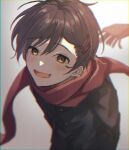  1boy arms_at_sides bangs black_jacket blurry blurry_foreground blush brown_eyes brown_hair commentary depth_of_field floating_scarf fringe_trim from_above gakuran genderswap genderswap_(ftm) gradient_background gradient_eyes grey_background hair_between_eyes hair_ornament hairclip highres jacket kagerou_project looking_at_viewer male_focus mekakucity_actors mokemoke_chan multicolored_eyes open_mouth red_scarf scarf school_uniform short_hair smile solo tateyama_ayano upper_body yellow_eyes 