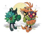  character_request commentary_request crossover grass holding holding_mask index_finger_raised kusuribe mask moon poke_ball_symbol pokemon pokemon_(creature) signature skull_kid standing the_legend_of_zelda the_legend_of_zelda:_majora&#039;s_mask twitter_username watermark yellow_eyes 