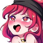  1girl ahegao alpha_transparency bare_shoulders blush bmkro choker commentary_request commission hat heart heart-shaped_pupils hecatia_lapislazuli lowres o-ring o-ring_choker open_mouth portrait red_eyes red_hair smile solo spanish_commentary symbol-shaped_pupils tongue tongue_out touhou transparent_background 