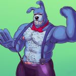  absurd_res anthro biceps blue_body blue_fur body_hair bonnie_(fnaf) bottomwear bulge clothed clothing five_nights_at_freddy&#039;s fur genitals grey_hair hair hi_res hiding_penis lagomorph leporid male mammal muscular muscular_anthro muscular_male necktie nipples nude pants partially_clothed pecs penis pinup pose presenting pubes rabbit scottgames simple_background smile solo suspenders vacaocomtil verydarkholes 