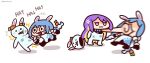  +++ 2girls anger_vein animal_costume animal_ears blue_hair carrot chibi commentary english_commentary expressionless face_punch highres hololive hololive_indonesia in_the_face keenbiscuit laughing long_hair moona_hoshinova motion_blur multiple_girls punching purple_eyes purple_hair rabbit_costume rabbit_ears simple_background solid_circle_pupils tears twitter_username usada_pekora virtual_youtuber white_background 