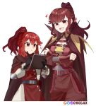 2girls :d anna_(fire_emblem) cape chocojax commentary dress fire_emblem fire_emblem_awakening fire_emblem_engage hair_between_eyes height_difference highres long_hair long_sleeves multiple_girls open_mouth pants ponytail purple_cape red_dress red_eyes red_hair red_pants siblings sisters smile 