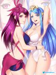  2girls :d armpits arms_up bikini blue_bikini blue_eyes blue_hair bracelet breasts cleavage commentary commission cowboy_shot etchimune fire_emblem fire_emblem_engage flower hair_flower hair_ornament ivy_(fire_emblem) jewelry large_breasts long_hair looking_at_viewer lumera_(fire_emblem) mole mole_under_mouth multiple_girls one-piece_swimsuit open_mouth parted_lips pink_lips purple_eyes purple_flower purple_hair purple_rose rose sarong smile standing swimsuit thighs tiara very_long_hair white_one-piece_swimsuit zoom_layer 
