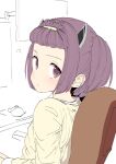  1girl ? bangs_pinned_back blush chair commentary_request expressionless hair_ornament hairclip looking_at_viewer mouse_(computer) purple_eyes purple_hair shirt short_hair sitting sketch solo tottotonero touhoku_kiritan upper_body voiceroid yellow_shirt 