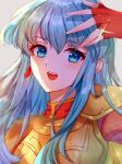  1girl :d armor blue_eyes blue_hair blush breastplate commentary_request edamameoka eirika_(fire_emblem) fingerless_gloves fire_emblem fire_emblem:_the_sacred_stones gloves grey_background hair_between_eyes highres long_hair looking_at_viewer open_mouth red_gloves red_shirt shirt smile solo upper_body 
