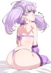  1girl ass back bikini blush bow bow_bikini elbow_gloves feet_out_of_frame from_behind gloves long_hair looking_at_viewer looking_back purple_bikini purple_eyes purple_gloves purple_hair purple_thighhighs sitting smile solo swimsuit thighhighs tottotonero twintails voiceroid white_background yuzuki_yukari 