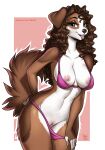  2023 anthro areola artist_name bedroom_eyes bikini bikini_bottom bikini_bottom_down bikini_top bikini_top_down biped blue_eyes breasts brown_body brown_fur brown_hair brown_nose canid canine canis clothing curled_hair dated digital_drawing_(artwork) digital_media_(artwork) eyebrows eyelashes female floppy_ears fur genitals hair hi_res looking_away mammal medium_breasts mostly_nude narrowed_eyes nipples open_mouth pink_areola pink_bikini pink_bikini_bottom pink_bikini_top pink_clothing pink_nipples pink_pussy pink_swimwear presenting presenting_breasts presenting_pussy pussy raised_tail seductive signature solo standing swimwear tail text tongue tongue_out url white_body white_fur yasmil 