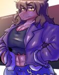  abs anthro black_clothing black_shirt black_topwear blue_bottomwear blue_clothing blue_jeans blue_pants bottomwear breasts brown_hair chain_accessory cleavage clothed clothing delinquent deltarune denim denim_clothing female freckles hair hands_in_both_pockets hi_res jacket jeans long_hair muscular muscular_anthro muscular_female pants purple_body purple_clothing purple_jacket purple_skin purple_topwear reptile scalie shirt solo susie_(deltarune) thedarkzircon topwear undertale_(series) yellow_eyes 
