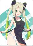  1girl :d apron arched_back bangs bare_arms bare_shoulders black_apron blonde_hair blush caburi contrapposto gradient_hair green_eyes green_hair hair_ornament head_tilt highres kanji_hair_ornament long_hair looking_at_viewer mascot multicolored_hair nearly_naked_apron open_mouth panties petite removing_apron smile solo striped striped_panties swept_bangs tsukumo-tan underwear undressing untying very_long_hair white_panties 