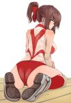  1girl ass bangs bow brown_eyes brown_hair commentary elbow_pads from_behind full_body girls_und_panzer hair_bow knee_pads kondou_taeko leaning_forward light_frown looking_at_viewer looking_back medium_hair on_floor parted_lips red_bow red_shirt red_shorts red_socks shirt shoes short_ponytail short_shorts shorts simple_background sitting sleeveless sleeveless_shirt sneakers socks solo sportswear sweat volleyball_uniform wariza white_background white_footwear wooden_floor yurikuta_tsukumi 