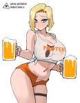  1girl alcohol android_18 aqua_eyes beer blonde_hair breasts cup donburi_(donburikazoku) dragon_ball dragon_ball_z earrings highres holding holding_cup hooters jewelry large_breasts micro_shorts midriff navel no_legwear orange_shorts short_hair shorts simple_background solo sweat thigh_strap thighlet web_address white_background 