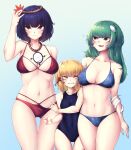 3girls :d absurdres ammonite_(488091) bangs bikini blonde_hair blue_bikini blue_one-piece_swimsuit blush breast_envy breasts cleavage clenched_teeth closed_mouth collarbone commentary cowboy_shot frog_hair_ornament gradient_background green_eyes green_hair hair_ornament hair_ribbon height_difference highres kochiya_sanae large_breasts leaf_hair_ornament long_hair looking_at_another looking_at_breasts medium_hair mirror moriya_suwako multiple_girls navel one-piece_swimsuit open_mouth purple_eyes purple_hair red_bikini red_ribbon ribbon rope small_breasts smile snake stomach swimsuit symbol-only_commentary teeth thighs touhou v-shaped_eyebrows yasaka_kanako yellow_eyes 