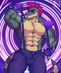  2023 abs abstract_background absurd_res alligator alligatorid anthro balls_outline barazoku belt biceps big_bulge big_muscles bottomwear bracelet bulge claws clothed clothing crocodilian detailed_bulge erection erection_under_clothing eyebrows eyewear facial_markings fingerless_gloves five_nights_at_freddy&#039;s five_nights_at_freddy&#039;s:_security_breach genital_outline gloves hair handwear head_markings hi_res huge_muscles jewelry male markings mohawk montgomery_gator_(fnaf) muscular muscular_anthro muscular_male navel obliques pants pattern_background pecs penis_outline reptile scalie scottgames seductive simple_background smile solo spiked_bracelet spikes spiral_background standing steel_wool_studios sunglasses suspenders topless topless_anthro topless_male vier_punksterne watermark 
