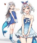  1girl alternate_costume bangs blue_bow blue_dress blue_eyes blue_hair blue_pajamas blue_socks bow bow_legwear collarbone commentary dress ebi-chan_(gawr_gura) english_commentary fins fish_hair_ornament fish_tail full_body gawr_gura grey_hair hair_bobbles hair_ornament hair_ribbon hairband highres hololive hololive_english long_hair looking_at_viewer multicolored_hair one_eye_closed open_mouth pajamas pom_pom_(clothes) revision ribbon rubbing_eyes shark_girl shark_tail sharp_teeth simple_background sleeveless sleeveless_dress smile socks star_(symbol) star_hair_ornament strap_slip streaked_hair striped striped_socks stuffed_animal stuffed_shark stuffed_toy tail teeth tenchi_mayo twintails virtual_youtuber white_background 