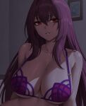  1girl absurdres bangs bare_shoulders bed bikini bracelet breasts cleavage collarbone fate/grand_order fate_(series) hair_between_eyes highres jewelry large_breasts long_hair looking_at_viewer on_bed parted_lips purple_bikini purple_hair red_eyes scathach_(fate) scathach_(swimsuit_assassin)_(fate) sidelocks sitting solo swimsuit upper_body zaphn 