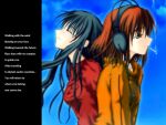  2girls black_hair brown_hair cigarette closed_eyes fate/stay_night fate_(series) headphones hood hoodie long_hair mitsuzuri_ayako multiple_girls non-web_source short_hair smoking tohsaka_rin yellow_eyes 