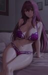  1girl bangs bare_shoulders bed bikini bracelet breasts cleavage collarbone fate/grand_order fate_(series) hair_between_eyes highres jewelry large_breasts long_hair looking_at_viewer navel on_bed parted_lips pillow purple_bikini purple_hair red_eyes scathach_(fate) scathach_(swimsuit_assassin)_(fate) sidelocks sitting solo swimsuit thighs zaphn 