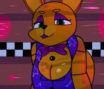  absurd_res animatronic big_breasts bow_tie breasts cleavage clothed clothing crawling crossgender desesperadoleon female five_nights_at_freddy&#039;s hi_res lagomorph leporid long_ears machine mammal rabbit robot scottgames simple_background solo spring_bonnie_(fnaf) tongue tongue_out yellow_body 